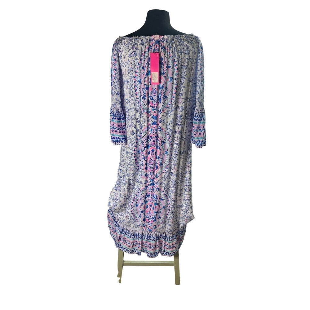 Lilly Pulitzer Pink Blue Paisley Off The Shoulder Ruffle Midi Dress NWT XL - Picture 2 of 3